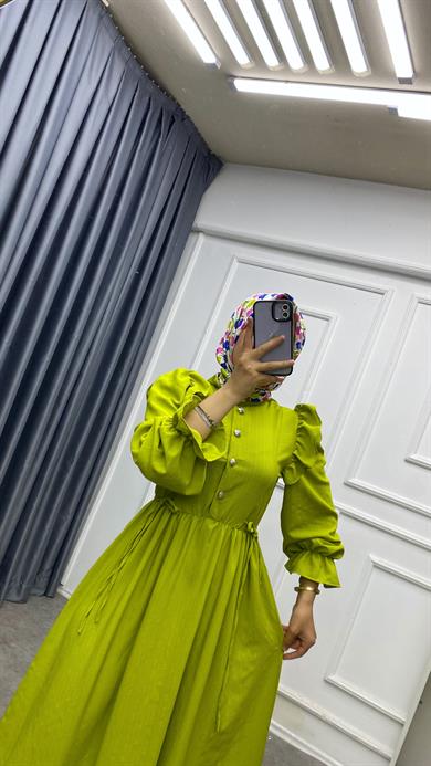 Omuzu Fırfırlı Elbise Yağ Yeşili