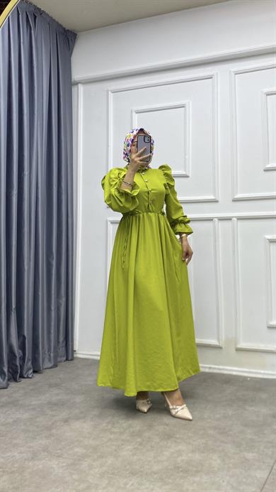 Omuzu Fırfırlı Elbise Yağ Yeşili