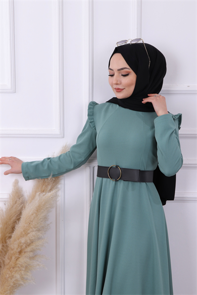 Omuzu Fırfırlı Elbise Yeşil