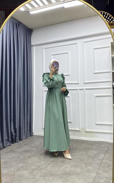 Omuzu Fırfırlı Elbise Yeşil