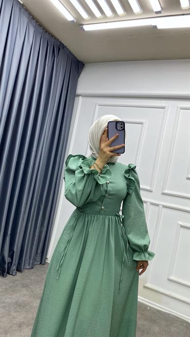 Omuzu Fırfırlı Elbise Yeşil