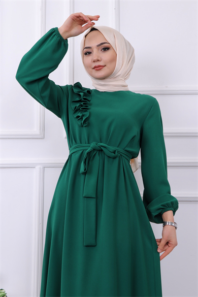 Omuzu Fırfırlı Elbise Yeşil