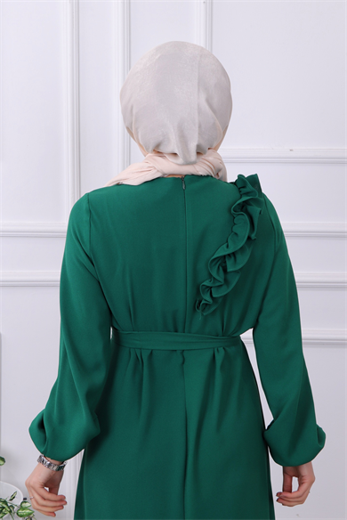 Omuzu Fırfırlı Elbise Yeşil