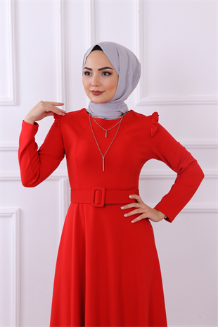 Omuzu Fırfırlı Kemerli Elbise Kırmızı