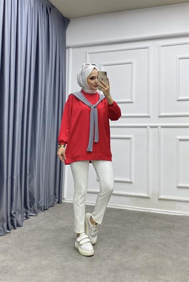 Omuzu Fularlı Sweat Kırmızı