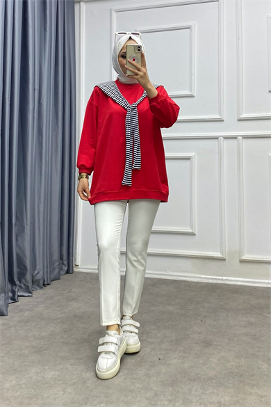 Omuzu Fularlı Sweat Kırmızı