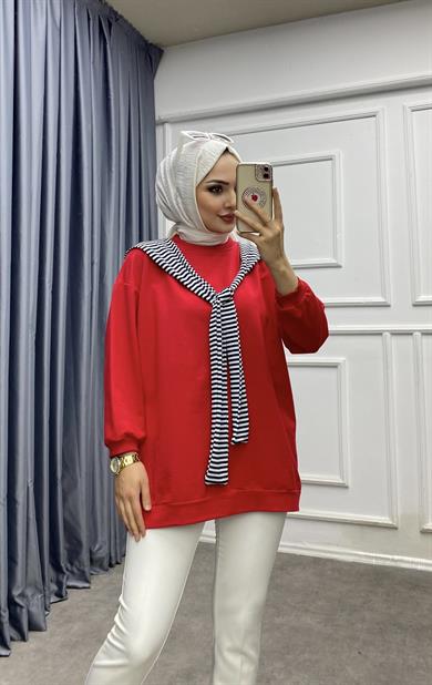 Omuzu Fularlı Sweat Kırmızı