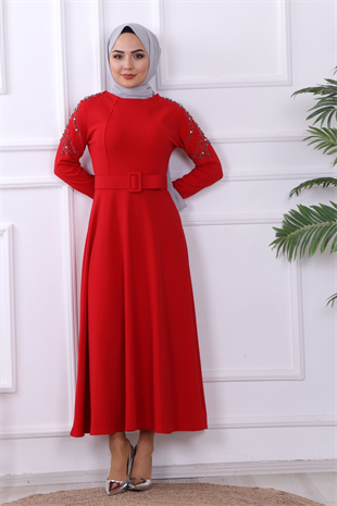 Omuzu İncili Elbise Kırmızı