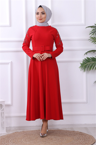 Omuzu İncili Elbise Kırmızı