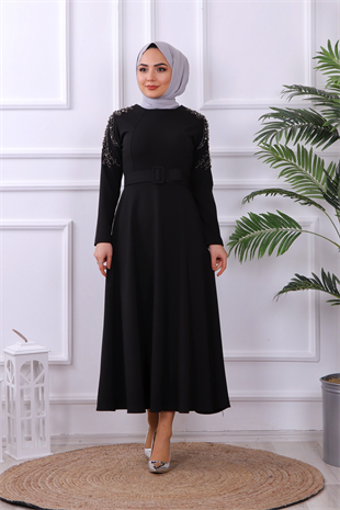 Omuzu İncili Elbise Siyah