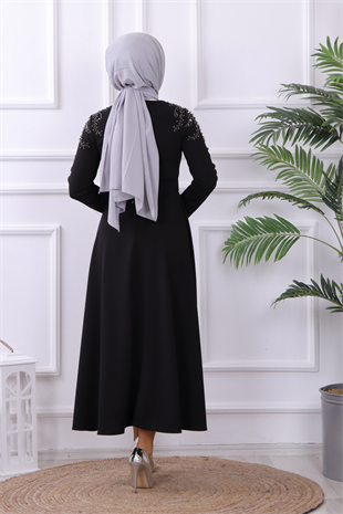 Omuzu İncili Elbise Siyah