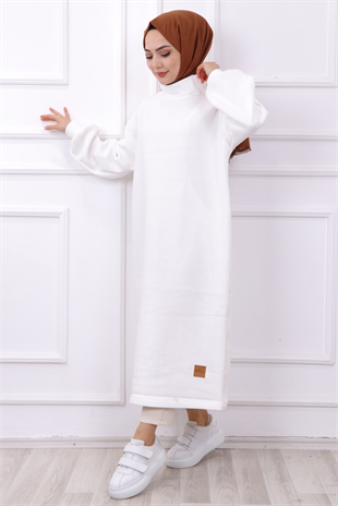 Omuzu Süs Düğme Detaylı Tunik-Elbise Beyaz