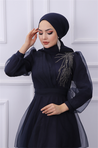 Omuzu Taşlı Abiye Lacivert
