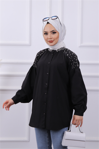 Omuzu Ve Yakası Taşlı Tunik Siyah