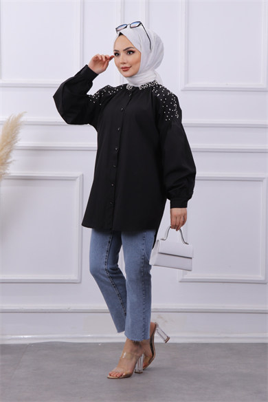 Omuzu Ve Yakası Taşlı Tunik Siyah
