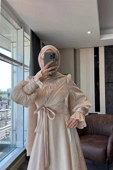 Önü Bağlamalı Elbise  Krem 