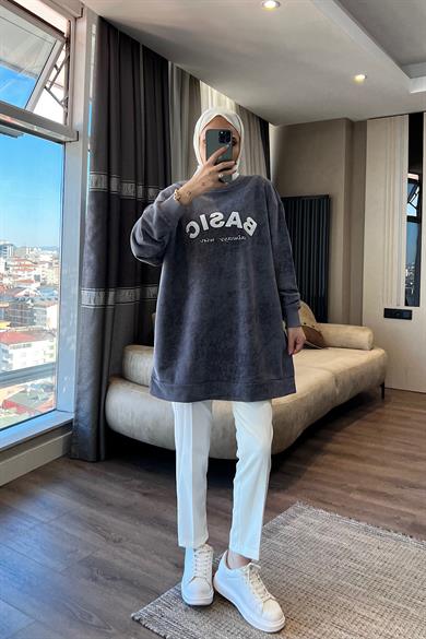 Önü Basıc Yazılı Sweat Gri