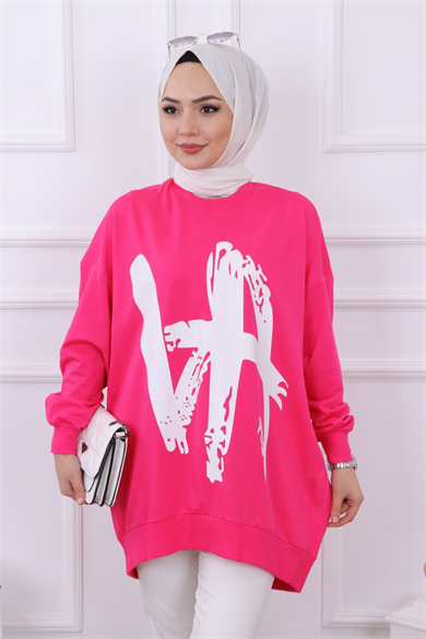 Önü Baskılı Sweat Fuşya