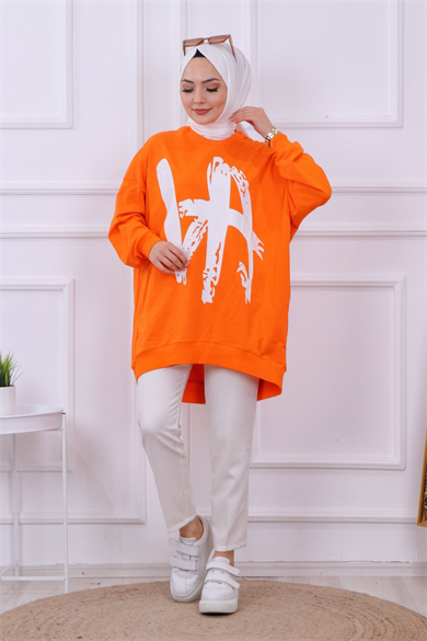 Önü Baskılı Sweat Turuncu