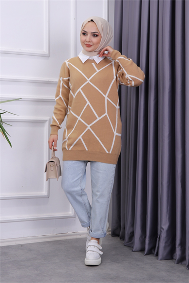 Önü Beyaz  Çizgili Tunik Camel
