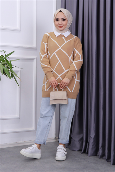 Önü Beyaz  Çizgili Tunik Camel