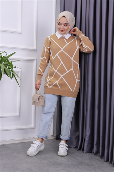 Önü Beyaz  Çizgili Tunik Camel