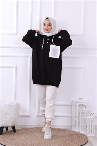 Önü Cepli Kapşonlu Sweat Siyah