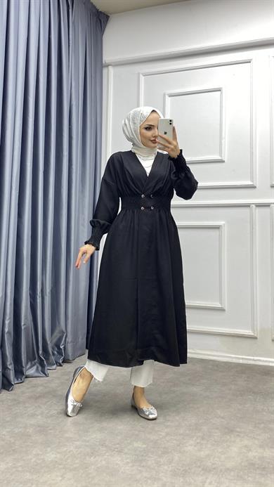Önü Çıtçıtlı Keten Kap Siyah 