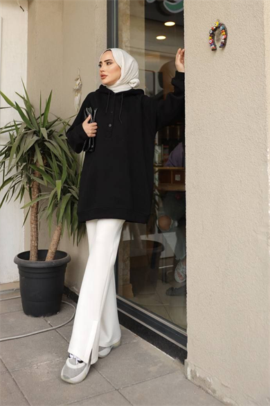 Önü Çıtçıtlı Sweat Siyah