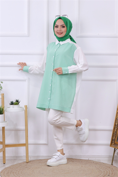 Önü Çizgili Tunik Yeşil-Beyaz