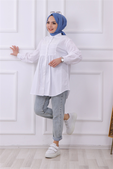 Önü Dantel Nervüllü Tunik Beyaz