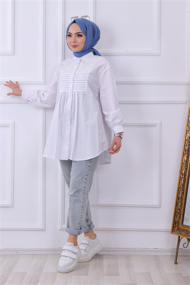 Önü Dantel Nervüllü Tunik Beyaz