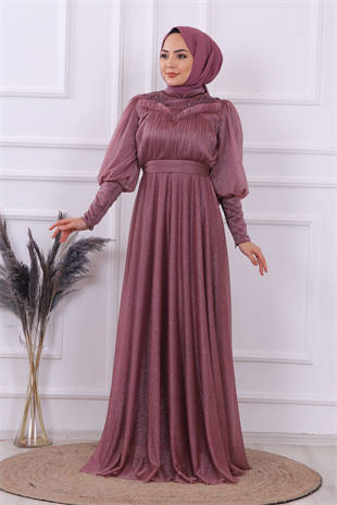 Önü Dantel Ve Drape Detaylı Simli Elbise