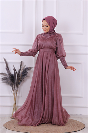 Önü Dantel Ve Drape Detaylı Simli Elbise