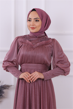 Önü Dantel Ve Drape Detaylı Simli Elbise