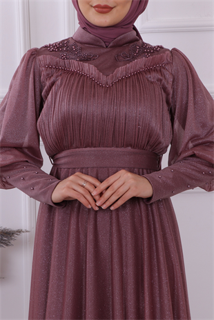 Önü Dantel Ve Drape Detaylı Simli Elbise