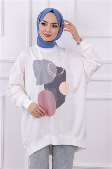 Önü Desenli Sweat Beyaz
