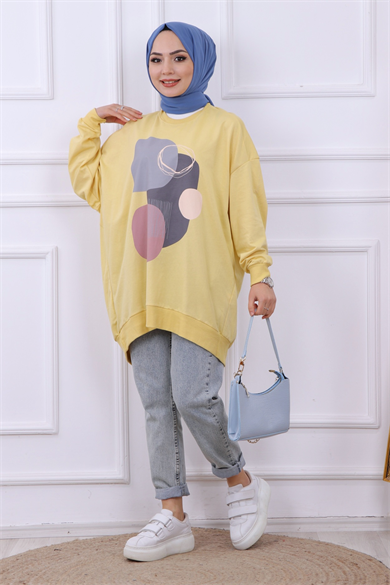 Önü Desenli Sweat Sarı