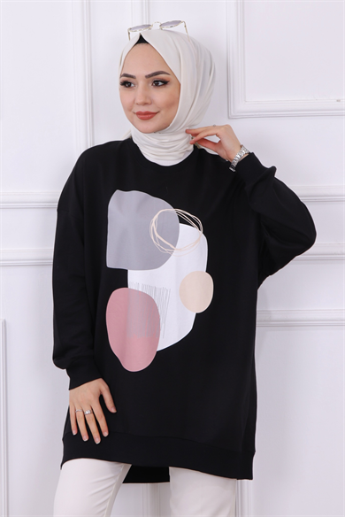 Önü Desenli Sweat Siyah