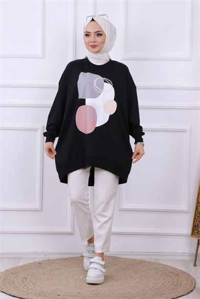 Önü Desenli Sweat Siyah