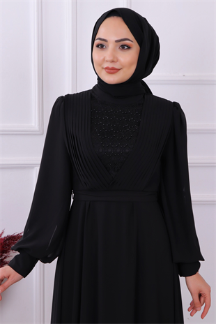 Önü Drape Detaylı Elbise Siyah