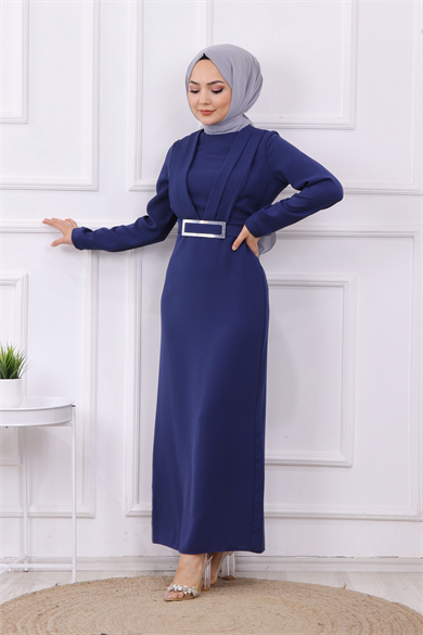 Önü Drape Detaylı Kalem Elbise Lacivert