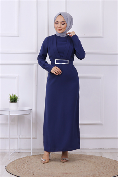 Önü Drape Detaylı Kalem Elbise Lacivert
