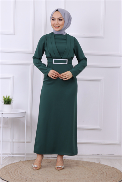 Önü Drape Detaylı Kalem Elbise Yeşil