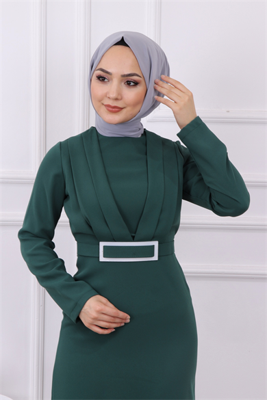 Önü Drape Detaylı Kalem Elbise Yeşil