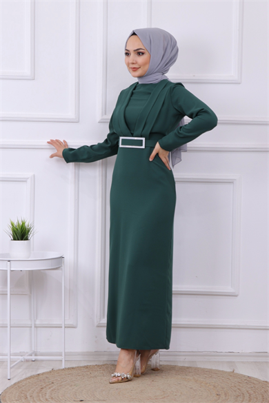 Önü Drape Detaylı Kalem Elbise Yeşil