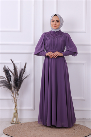 Önü Drape Kolu Boncuk Detaylı Elbise Mor