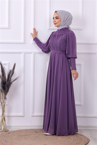 Önü Drape Kolu Boncuk Detaylı Elbise Mor