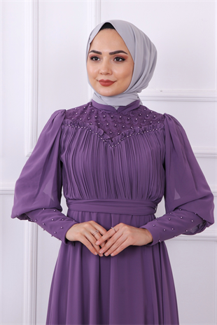Önü Drape Kolu Boncuk Detaylı Elbise Mor