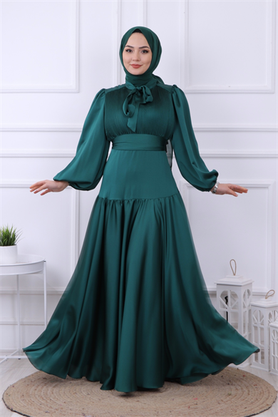 Önü Drapeli Balon Kol Elbise